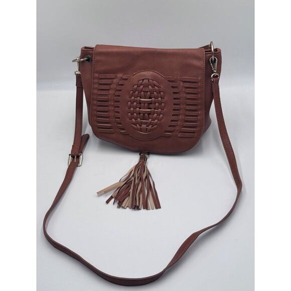 Dolce Vita Brown Faux Leather Woven Saddle Bag Tassel Crossbody Purse - Picture 1 of 11